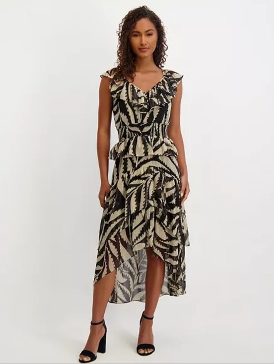 Kensie Dresses & Skirts - Kensie Dress Size 0 Black Beige Ruffle V Neck Midi Fit Flare Sheer Overlay NWT